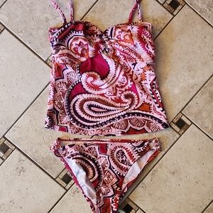 Liquid Blue Paisley Print Tankini & Matching Bikini Bottom Swim Suit Small NWOT